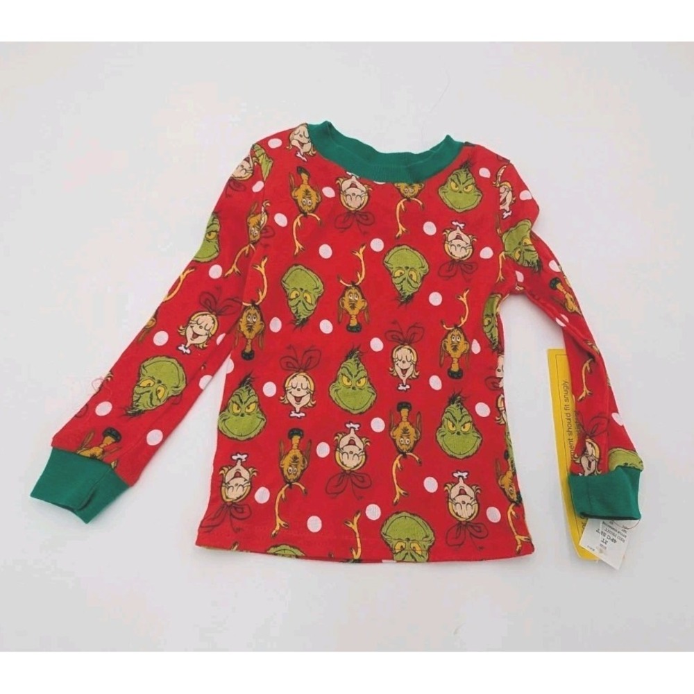 Toddler Grinch Long Sleeve Cotton Christmas Pajama Shirt - Red/Green 2T